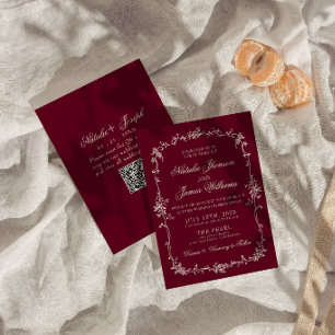 Classy Deep Red Floral Old Money QR Code Wedding Invitation