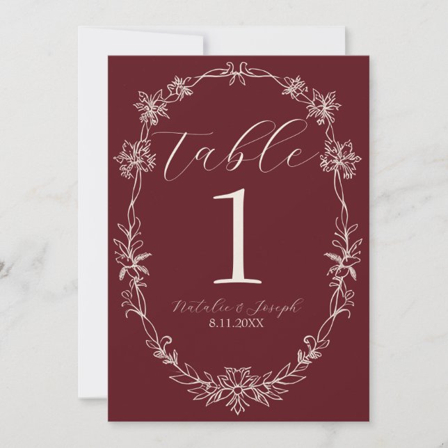 Classy Deep red Old Money Wedding Table Number (Front)