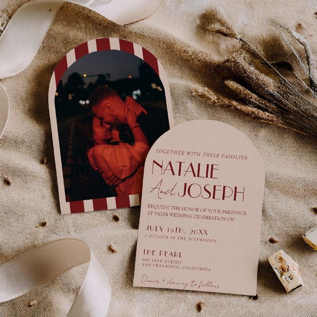 Classy Deep Red Whimsical Photo Arched Wedding Invitation (Creator Uploaded)