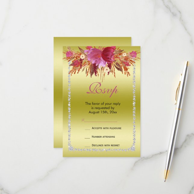 Classy Diamond Glitter Watercolor Flowers Birthday RSVP Card (Front/Back In Situ)