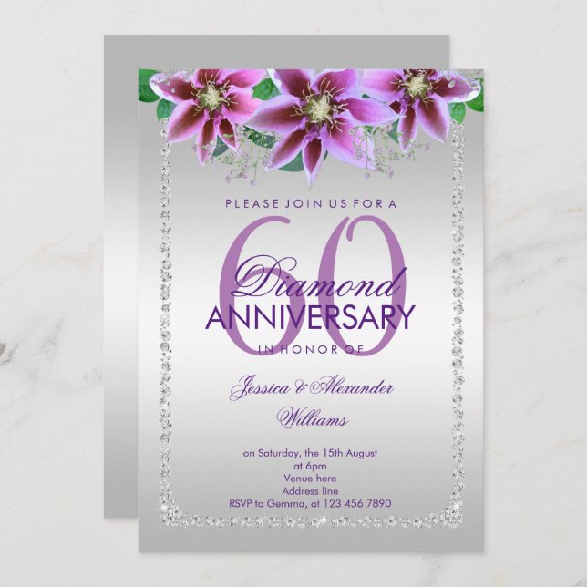 Classy Diamonds & Flowers 60th Wedding Anniversary Invitation (Front/Back)