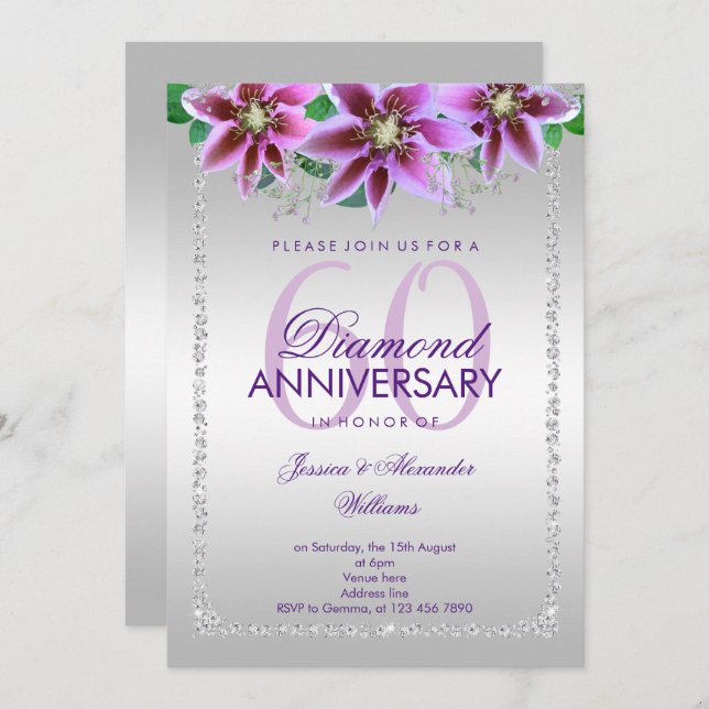 Classy Diamonds & Flowers 60th Wedding Anniversary Invitation (Front/Back)
