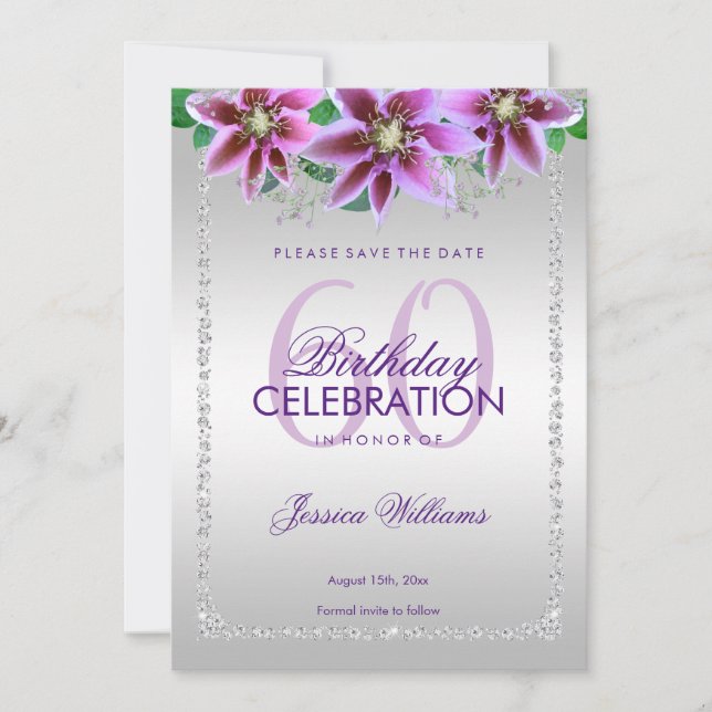 Classy Diamonds & Flowers Birthday Save The Date (Front)