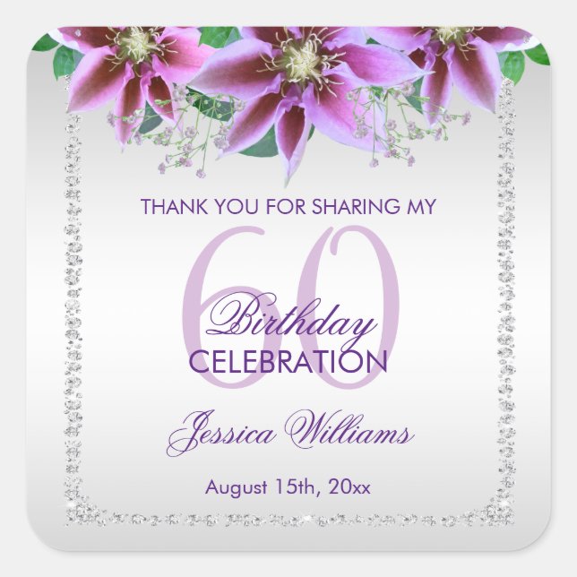 Classy Diamonds & Flowers Birthday Square Sticker (Front)