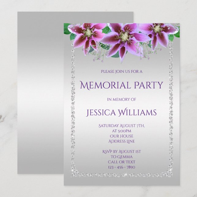 Classy Diamonds & Flowers Memorial Party Invitation (Front/Back)
