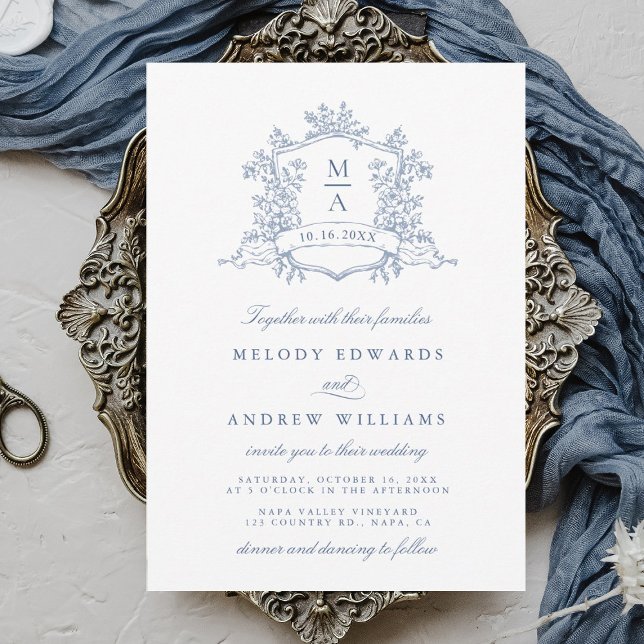 Classy Dusty Blue Floral Crest Wedding Invitation (Creator Uploaded)