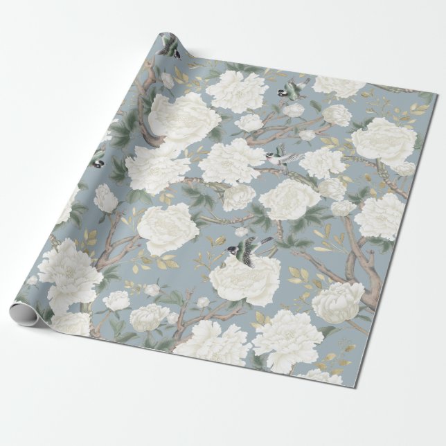Classy Dusty Blue White Chinoiserie Flowers Birds Wrapping Paper (Unrolled)