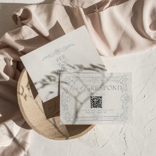 Classy Dusty Blue White Old Money QR Code Wedding RSVP Card