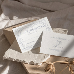 Classy Dusty Blue White Old Money Retro Wedding RSVP Card