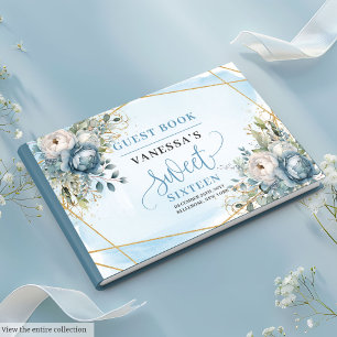 Classy Dusty Blue White Peonies Sweet Sixteen 16th Guest Book