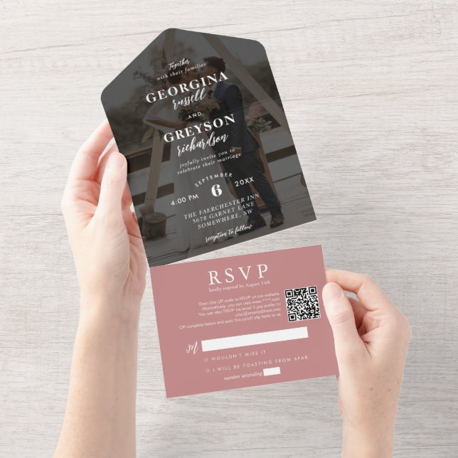 Classy Dusty Pink RSVP Photo QR Code Wedding All In One Invitation (Tearaway)