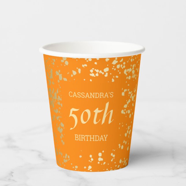 Classy Egypt Gold Sprinkles Orange Birthday Paper Cups (Front)
