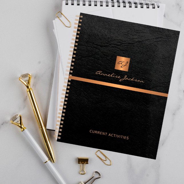 Classy elegant black leather gold monogrammed planner (Creator Uploaded)