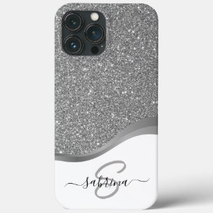 Classy Elegant Black Silver Glitter Monogram Name iPhone 13 Pro Max Case