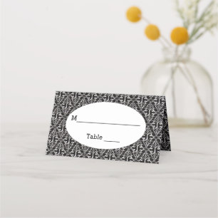 Classy Elegant Black White Damask Pattern Place Card