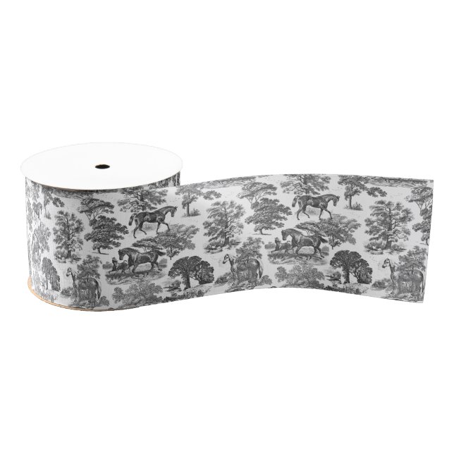 Classy Elegant Black White Horses Country Toile Grosgrain Ribbon (Spool)