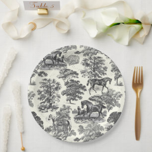 Classy Elegant Black White Horses Country Toile Paper Plate