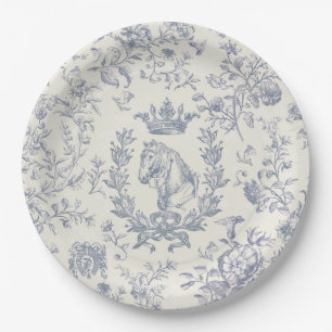Classy Elegant Blue Beige Equestrian Toile Paper Plate