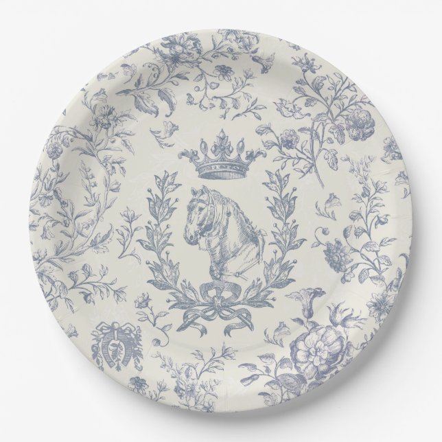 Classy Elegant Blue Beige Equestrian Toile Paper Plate (Front)