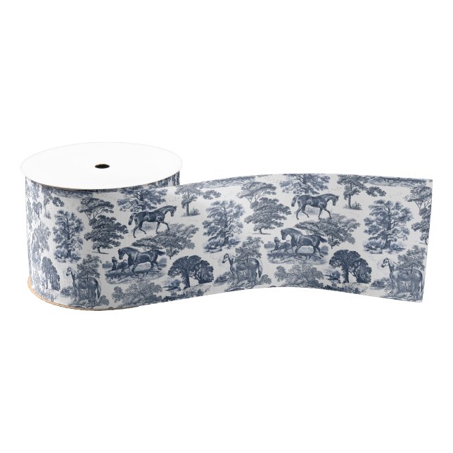 Classy Elegant Blue Horses Country Toile Grosgrain Ribbon (Spool)