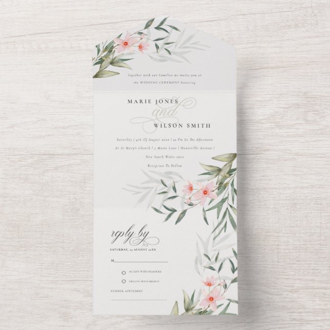 Classy Elegant Blush Greenery Floral Wedding All In One Invitation (Inside)