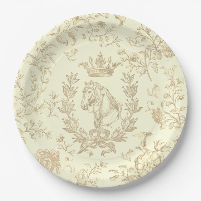Classy Elegant Chic Beige Cream Equestrian Toile Paper Plate (Front)
