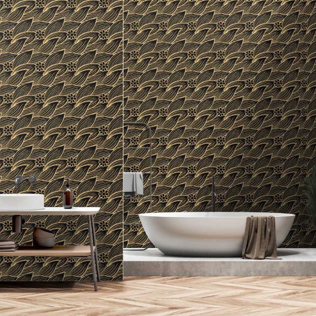 Classy Elegant Chic Black and Gold Floral Pattern Wallpaper (Bathroom)