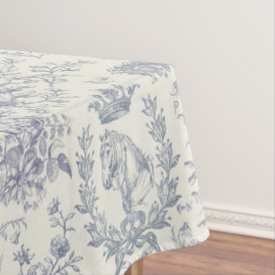 Classy Elegant Chic Blue Beige Equestrian Toile Tablecloth
