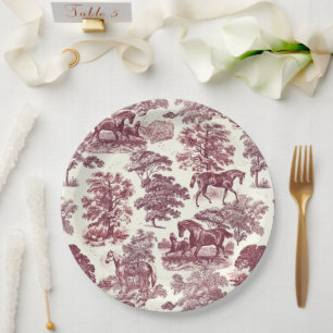 Classy Elegant Chic Burgundy Horses Country Toile Paper Plate