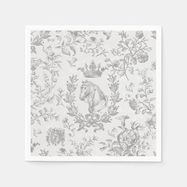 Classy Elegant Chic Grey White Equestrian Toile Napkin (Front)