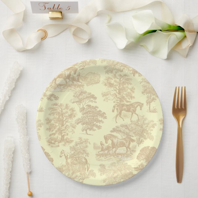 Classy Elegant Chic Horses Toile Beige Cream Paper Plate (Wedding)