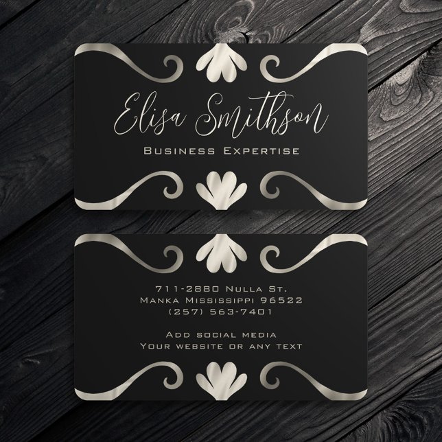 Classy Elegant Chic Luxury Feminine Black & Silver Business Card (Creator Uploaded)