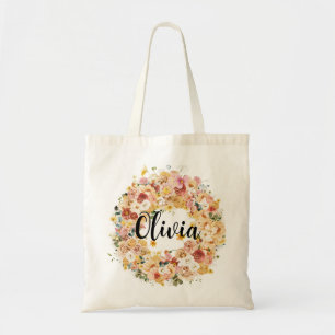 Classy Elegant Floral Bridesmaid Monogram Name Tote Bag
