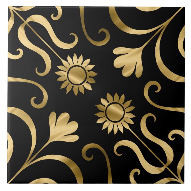  Classy Elegant Floral Damask Black Gold Sunflower Tile (Front)