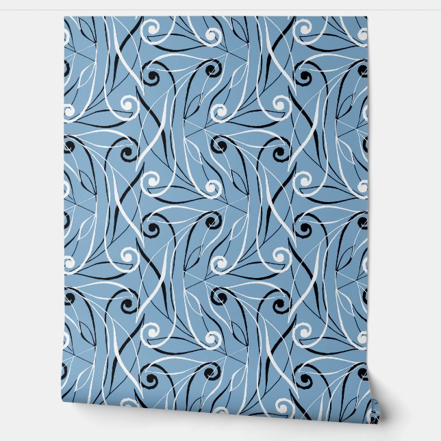 Classy Elegant Foliage & Swirls Pattern Dusty Blue Wallpaper (Unrolling)
