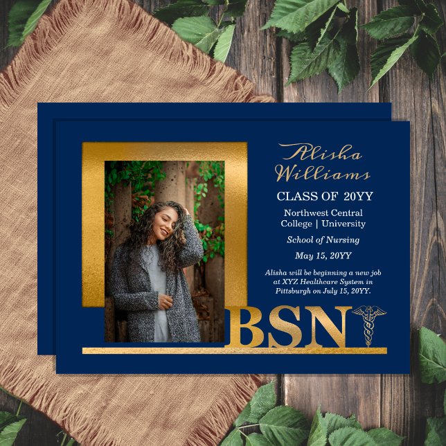 Classy Elegant Gold BSN Caduceus 1 Photo Dk Blue Announcement (Classy Elegant Gold Tone Caduceus and Blue One Photo Blue "BSN" Nurse Graduation Announcement )