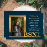 Classy Elegant Gold BSN Caduceus 1 Photo Dk Teal Announcement<br><div class="desc">Classy and elegant one photo gold text "BSN" caduceus nursing graduation announcement design by Holiday Hearts Designs (rights reserved).  Placeholder template photo courtesy Unsplash.</div>