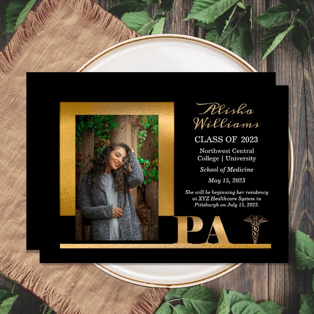 Classy Elegant Gold PA Caduceus 1 Photo Black Grad Announcement (Creator Uploaded)