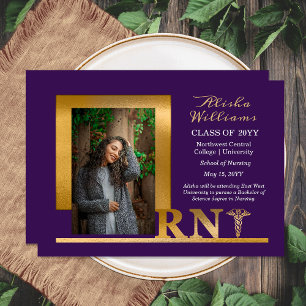 Classy Elegant Gold RN Caduceus 1 Photo Dk Purple Announcement