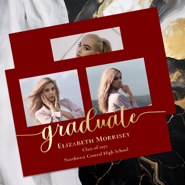 Classy Elegant Gold Script Text Graduate 3 Photo (Elegant Modern 3 Photo Script Text Graduation Gold Foil Announcement - Dark Red)