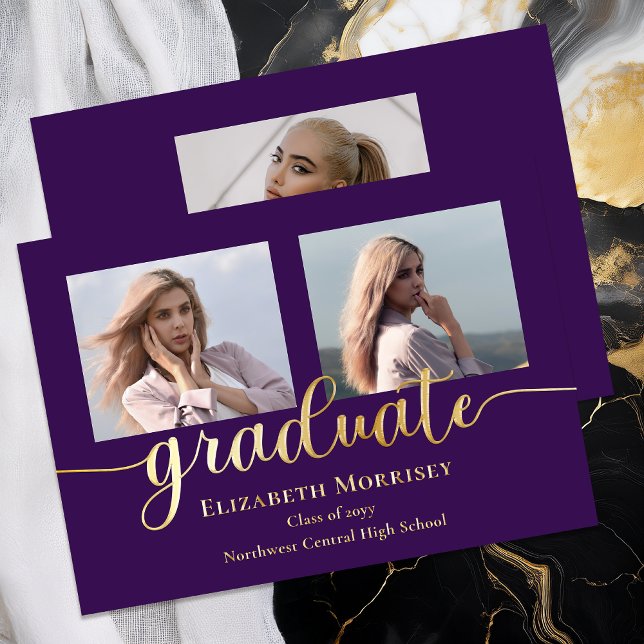 Classy Elegant Gold Script Text Graduate 3 Photo (Elegant Modern 3 Photo Script Text Graduation Gold Foil Announcement - Purple)