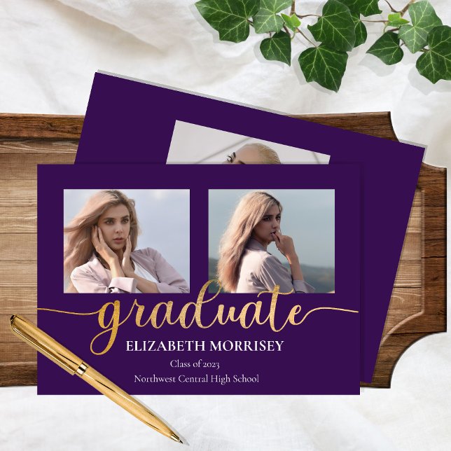 Classy Elegant Gold Script Text Graduate 3 Photo Announcement (Creator Uploaded)