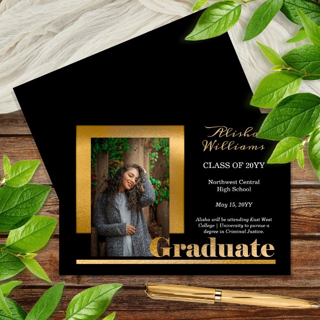 Classy Elegant Gold Text Graduate 1 Photo Black Announcement (Classy Elegant Faux Gold Text on Black Graduate One Photo - Available in Print and/or Downloadable)