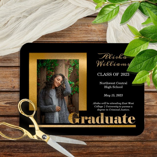 Classy Elegant Gold Text Graduate 1 Photo Black Magnet (Creator Uploaded)
