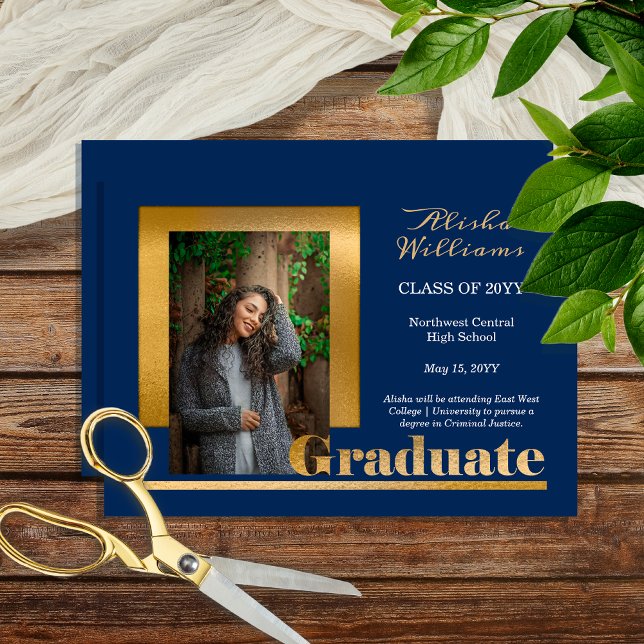 Classy Elegant Gold Text Graduate 1 Photo Blue Announcement (Classy Elegant Gold Tone Text "Graduate" One Photo Blue Graduation Announcement - Print | Download)