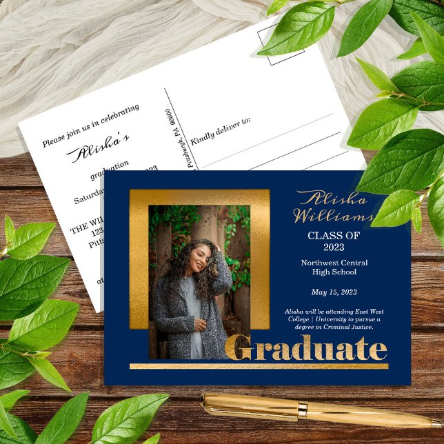 Classy Elegant Gold Text Graduate 1 Photo Dk Blue Postcard (Creator Uploaded)