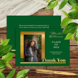 Classy Elegant Gold Text Graduate 1 Photo Dk Green Thank You Card