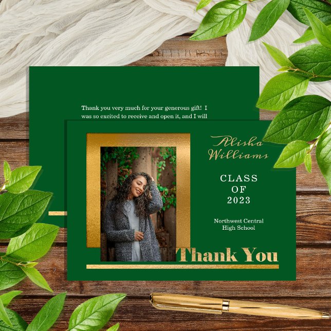 Classy Elegant Gold Text Graduate 1 Photo Dk Green Thank You Card (Creator Uploaded)