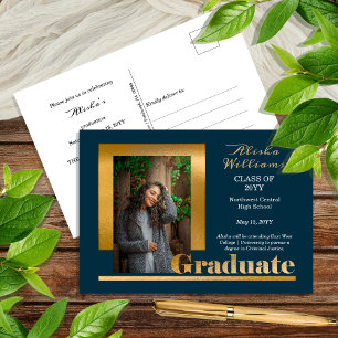 Classy Elegant Gold Text Graduate 1 Photo Dk Teal Postcard