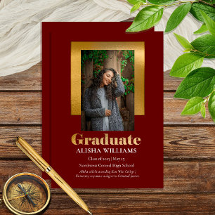 Classy Elegant Gold Text Graduate 1 Photo Maroon Announcement